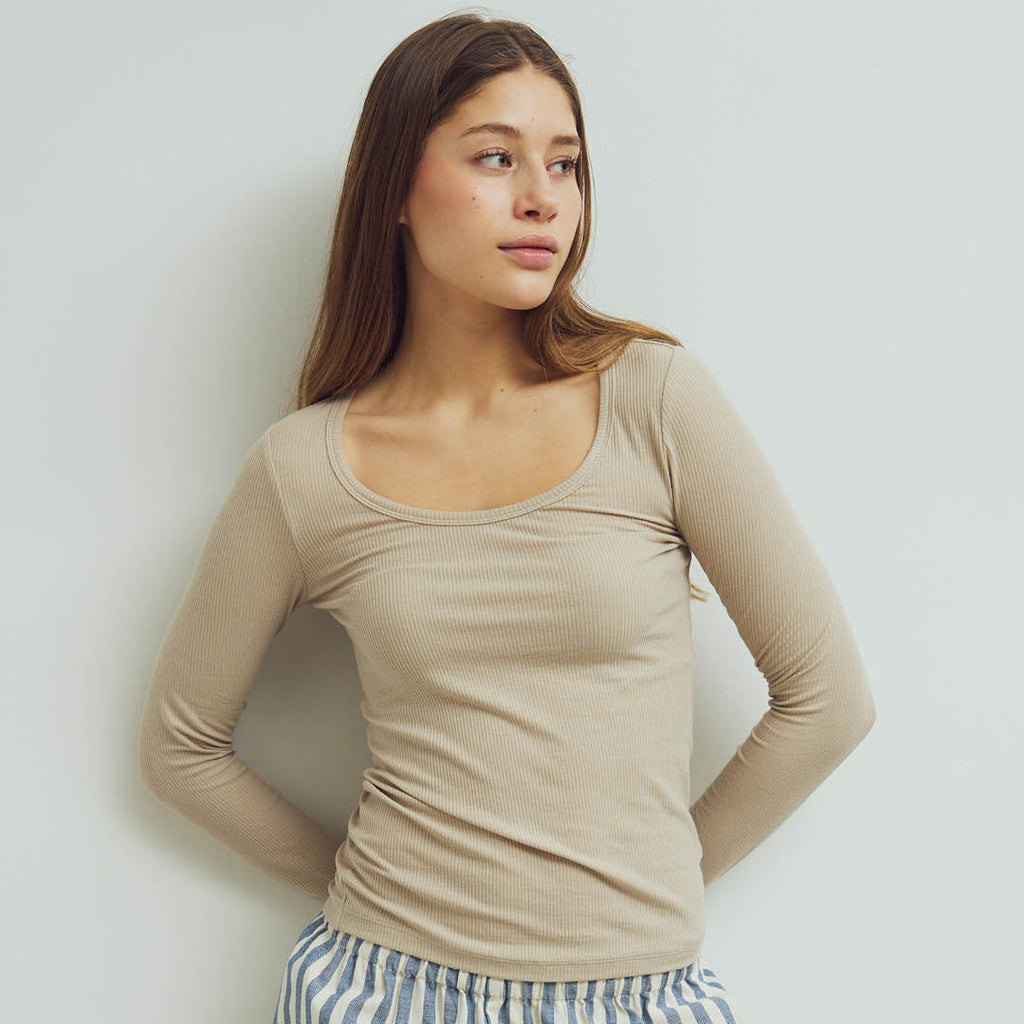 Tencel light rib long-sleeve U-neck, GOTS