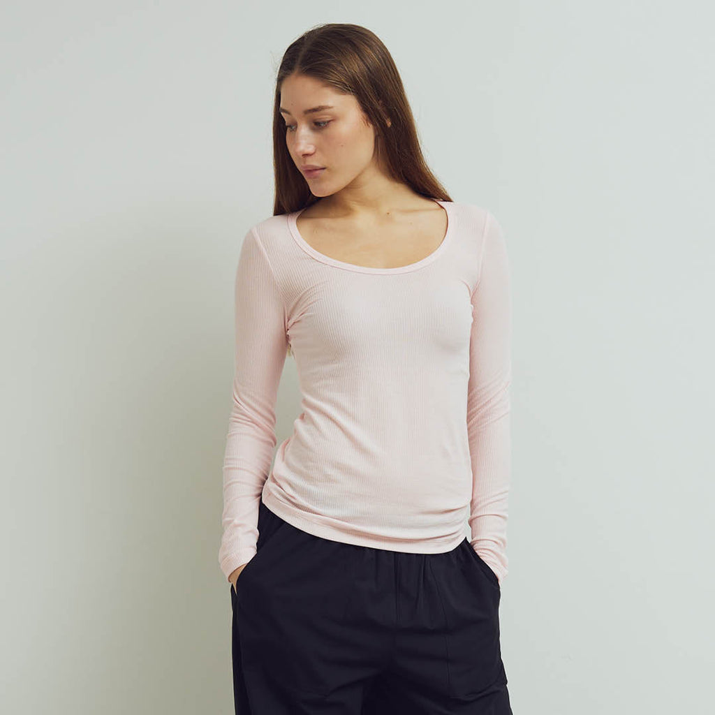 Tencel light rib long-sleeve U-neck, GOTS