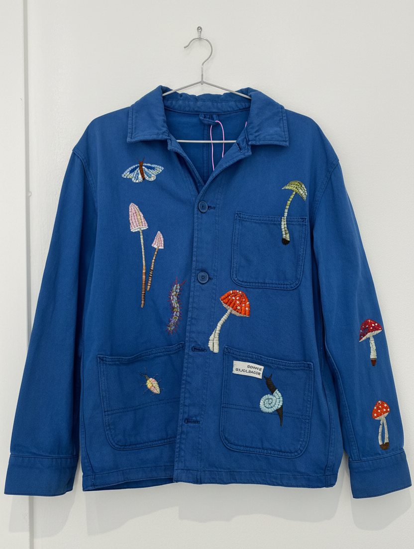 Blå unika overshirt med håndbroderier