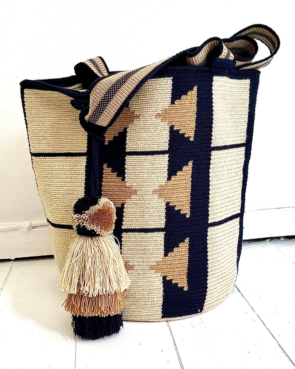 Wayuu unika taske - stor - dark navy/beige/cream