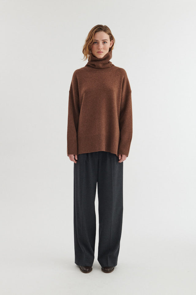 Liz roll-neck merino sweater, fudge brown, RWS