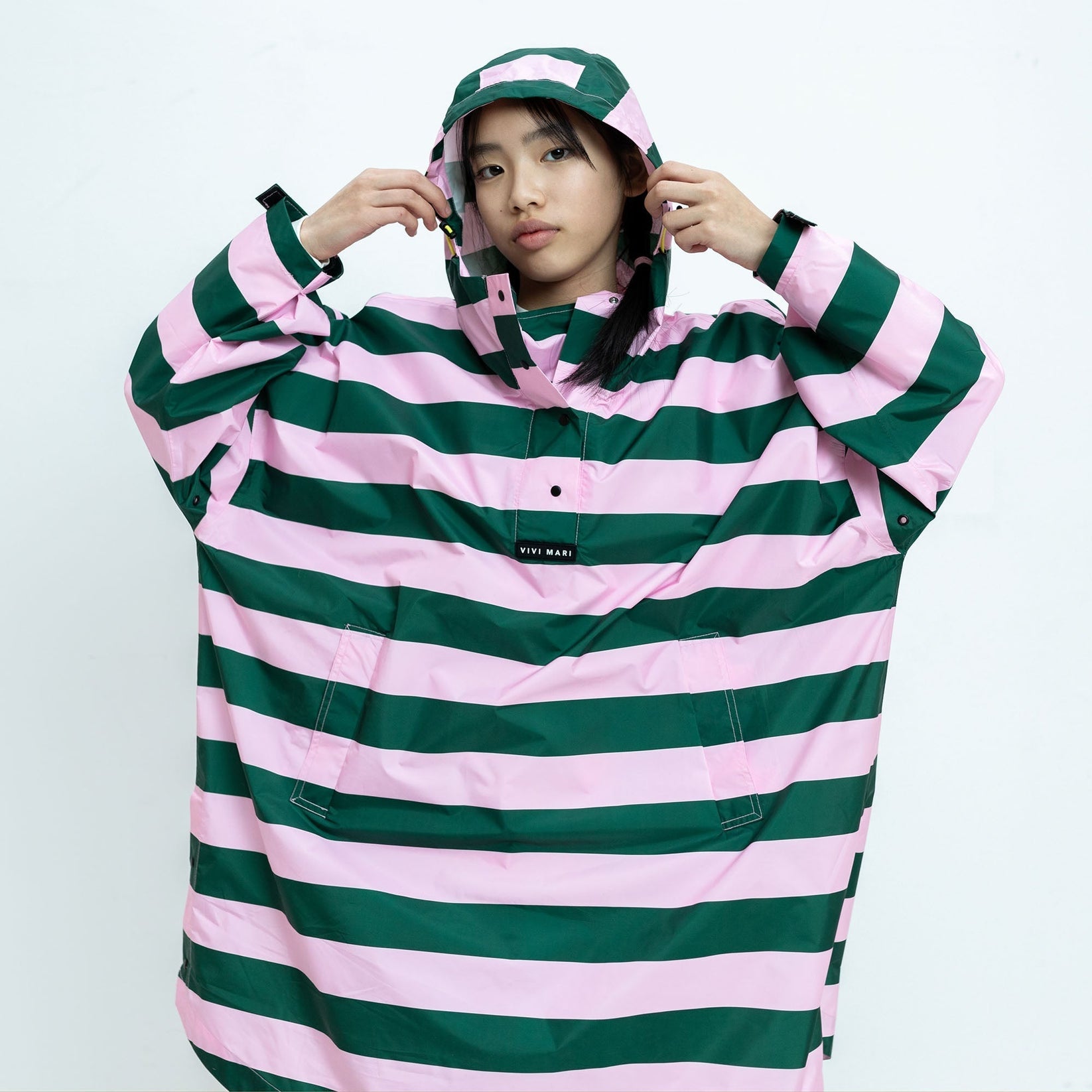 Recycled Rain Poncho Petit - stripe green/rose