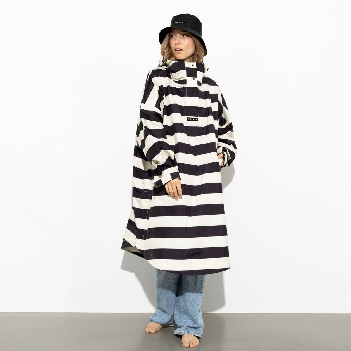 Recycled Rain Poncho - stripe black/sand