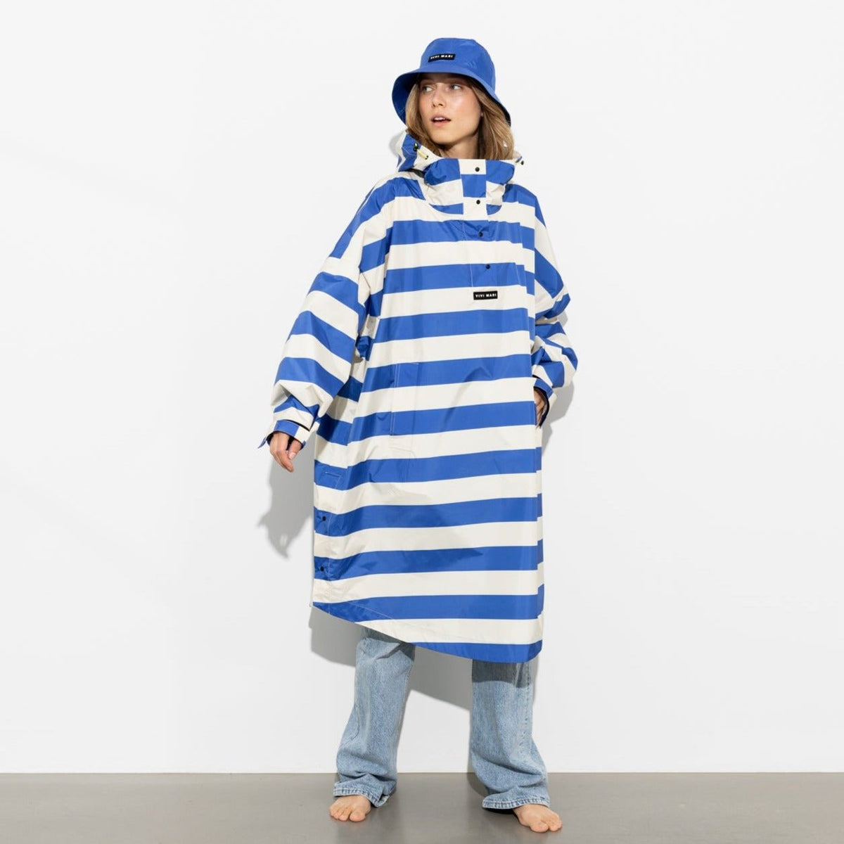 Recycled Rain Poncho - stripe blue/sand