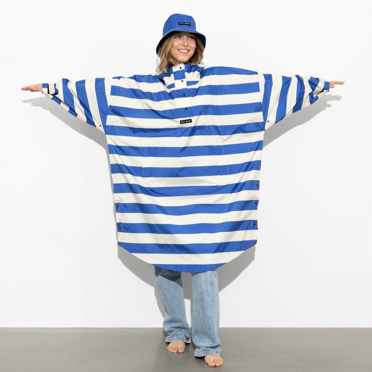 Recycled Rain Poncho - stripe blue/sand