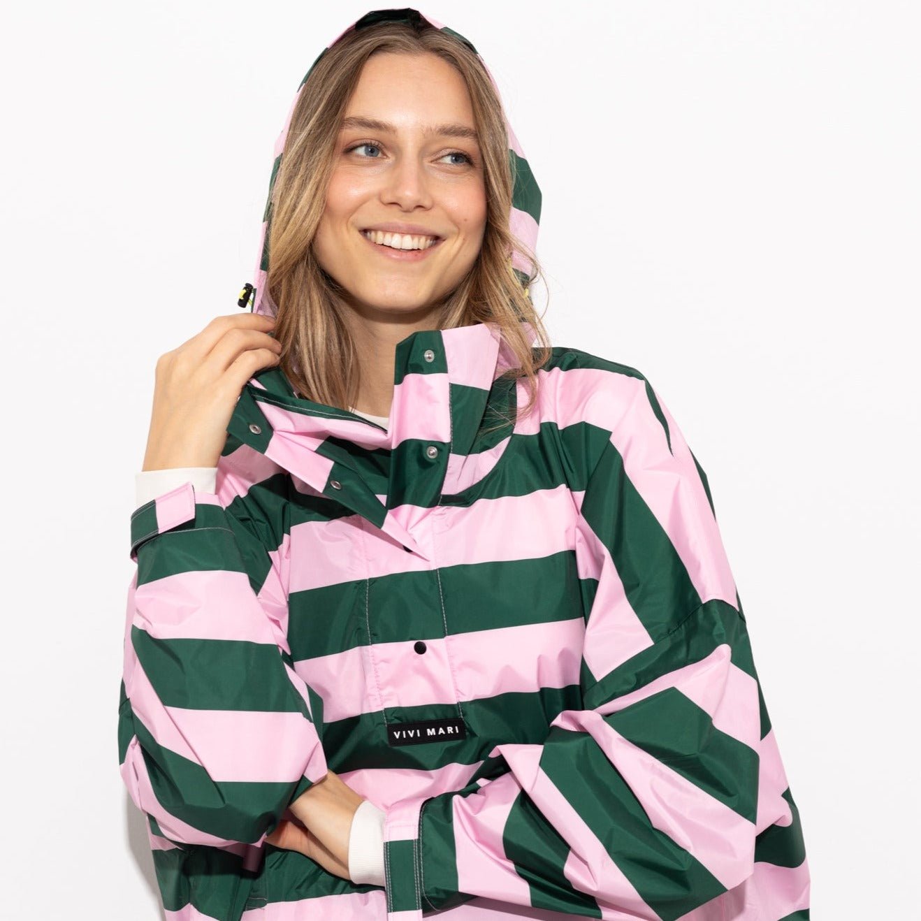 Recycled Rain Poncho - stripe green/rosé