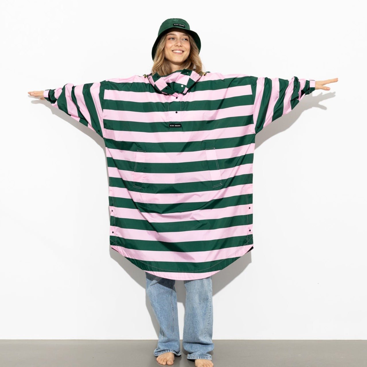 Recycled Rain Poncho - stripe green/rosé