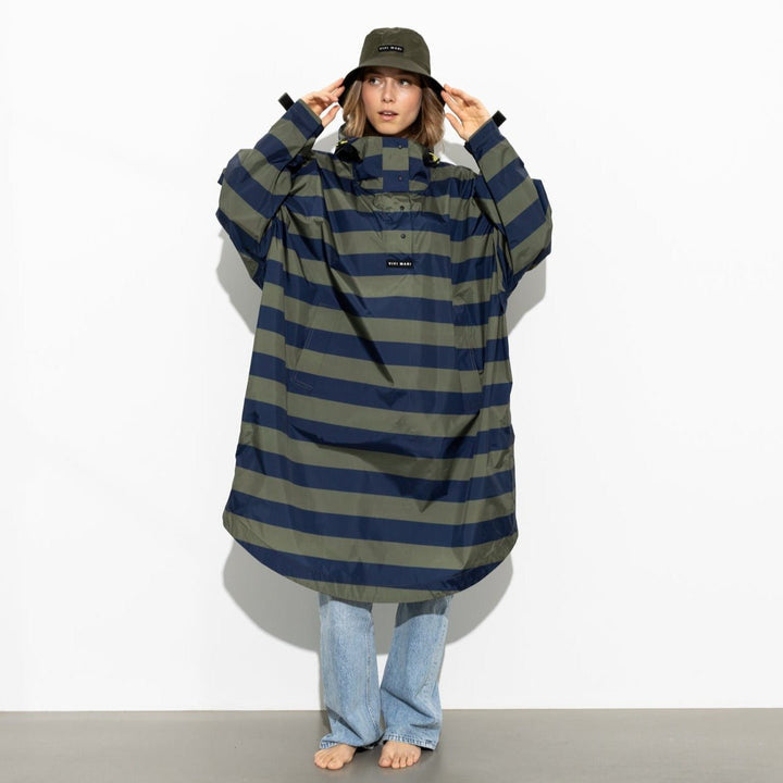 Recycled Rain Poncho - stripe olive/navy