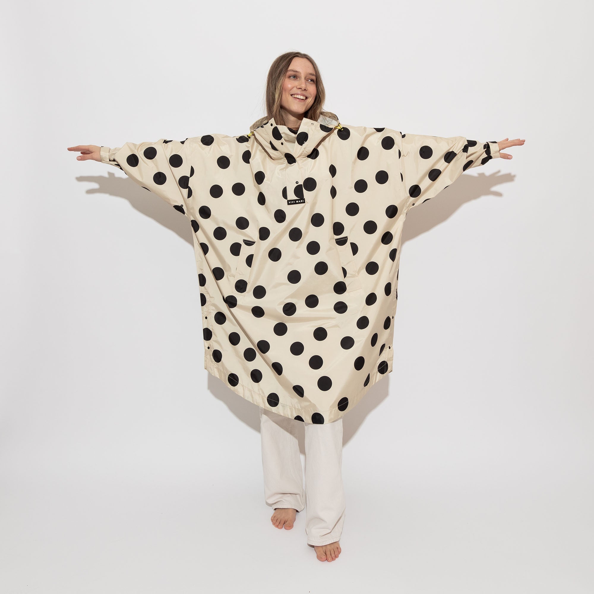 Recycled Rain Poncho - dots black/sand