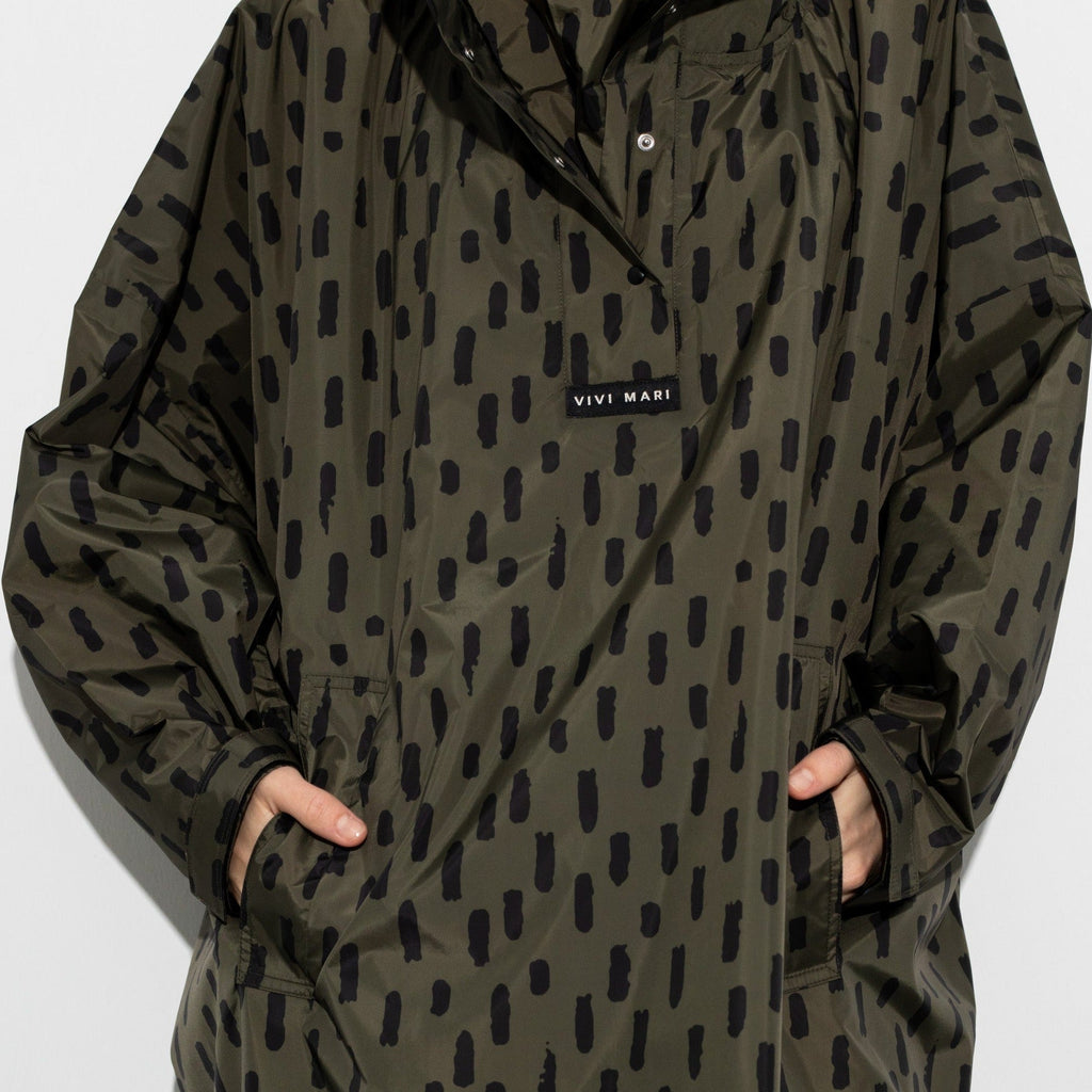 Recycled Rain Poncho - drops black olive