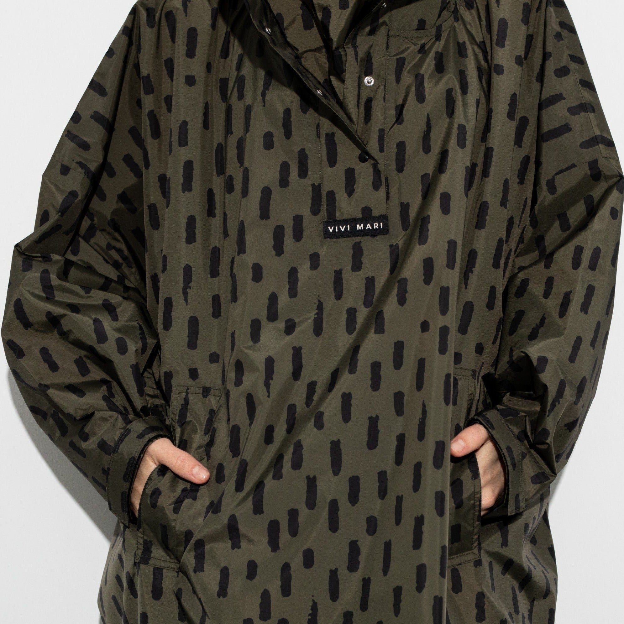 Recycled Rain Poncho - drops black olive