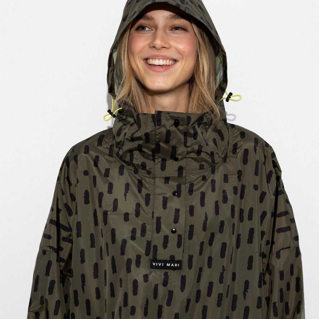 Recycled Rain Poncho - drops black olive